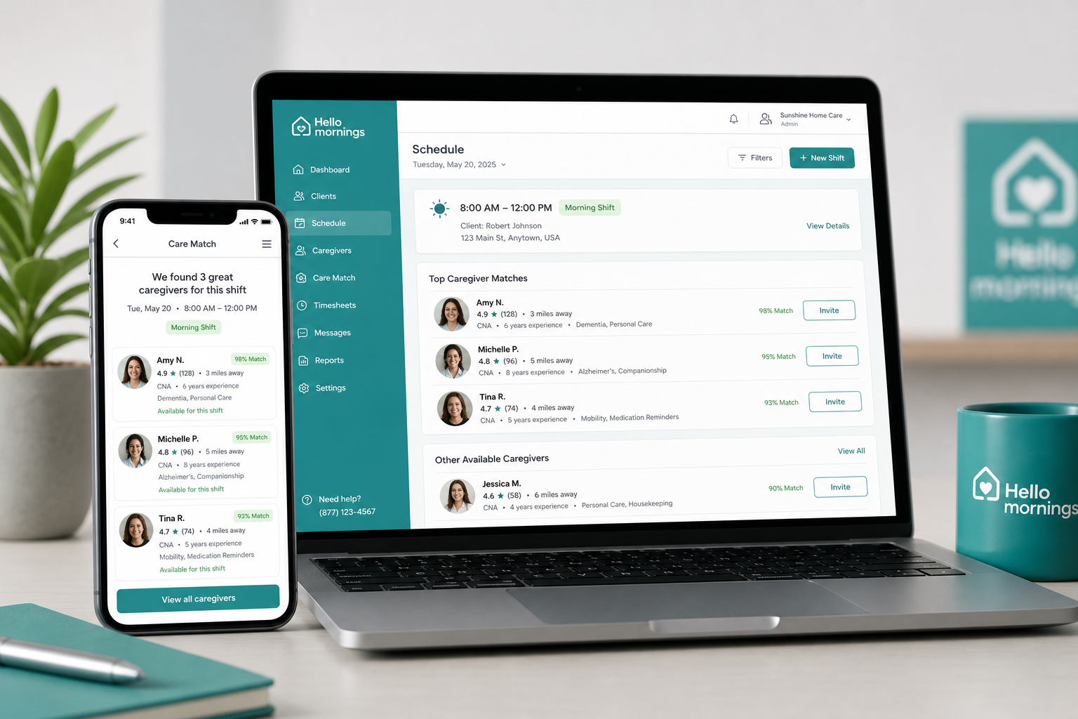 Smart AI Tool on laptop and phone showing instant caregiver matches
